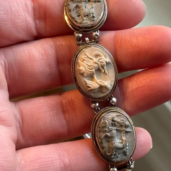 Antique Bracelet Stone Cameo 800 Silver Victorian Lava RARE Seven Days Chariots - Picture 13 of 14